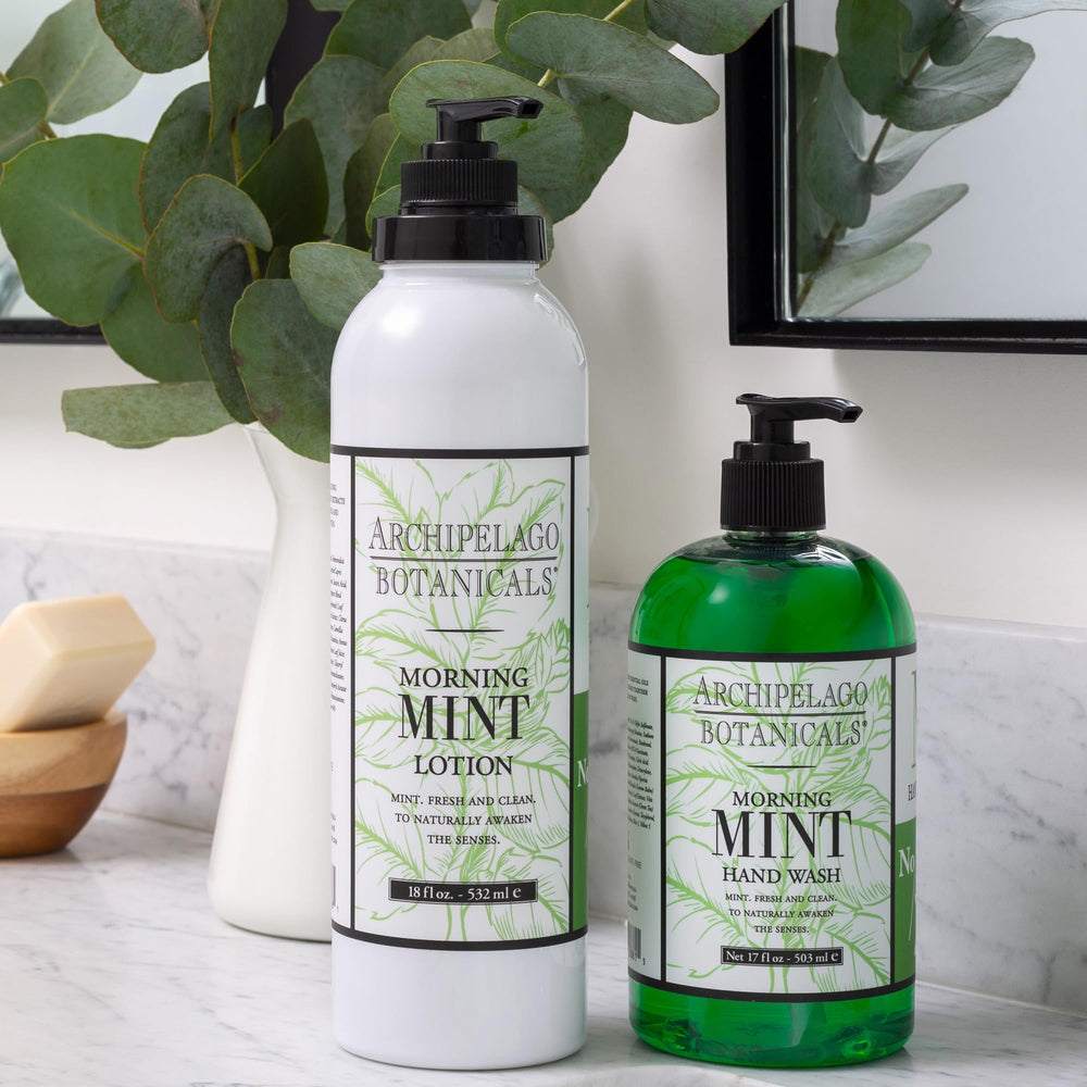 Archipelago Morning Mint Lotion basil and mandarin scent enhances mood during routine.