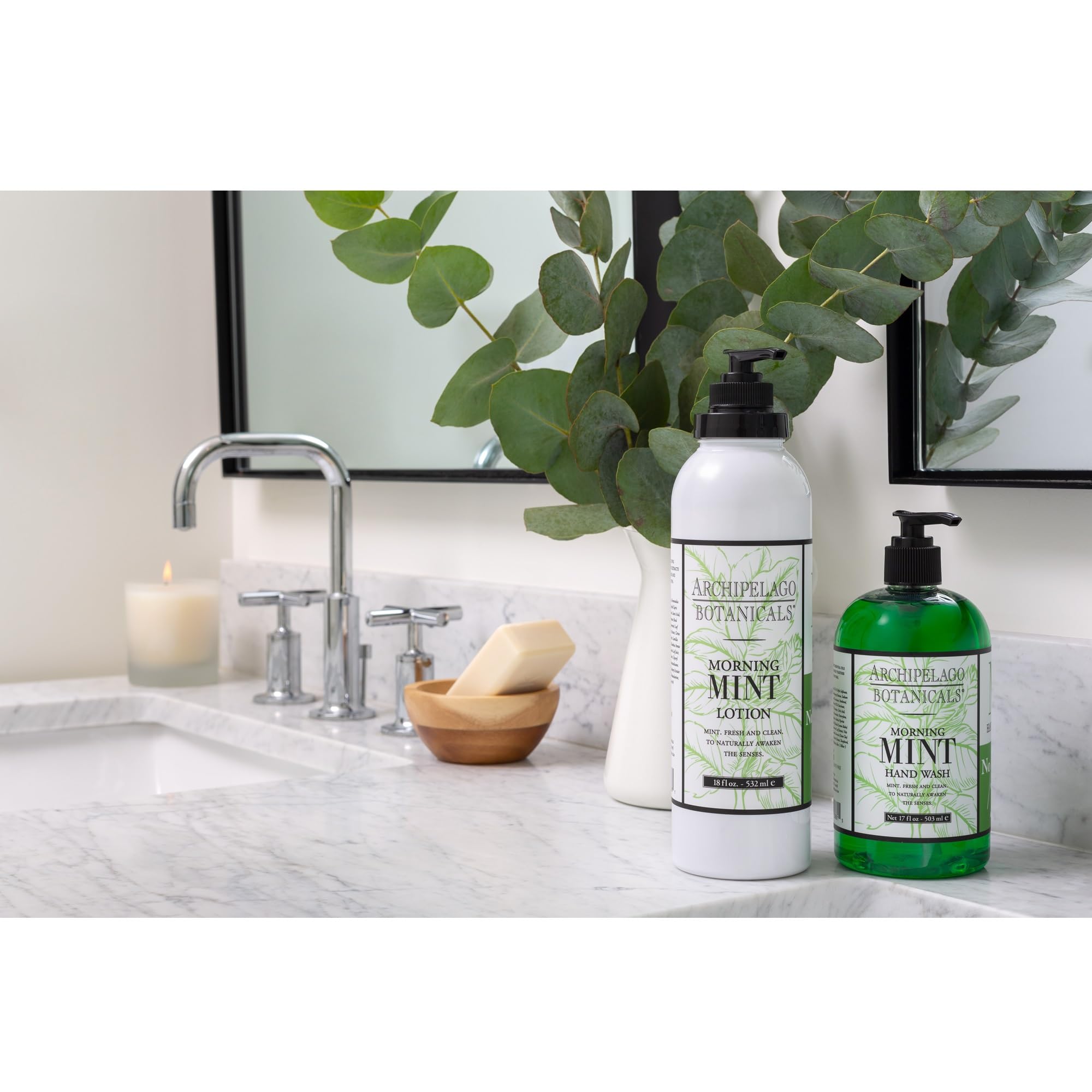 Archipelago Morning Mint Lotion hands applying it during morning routine for refreshed skin.