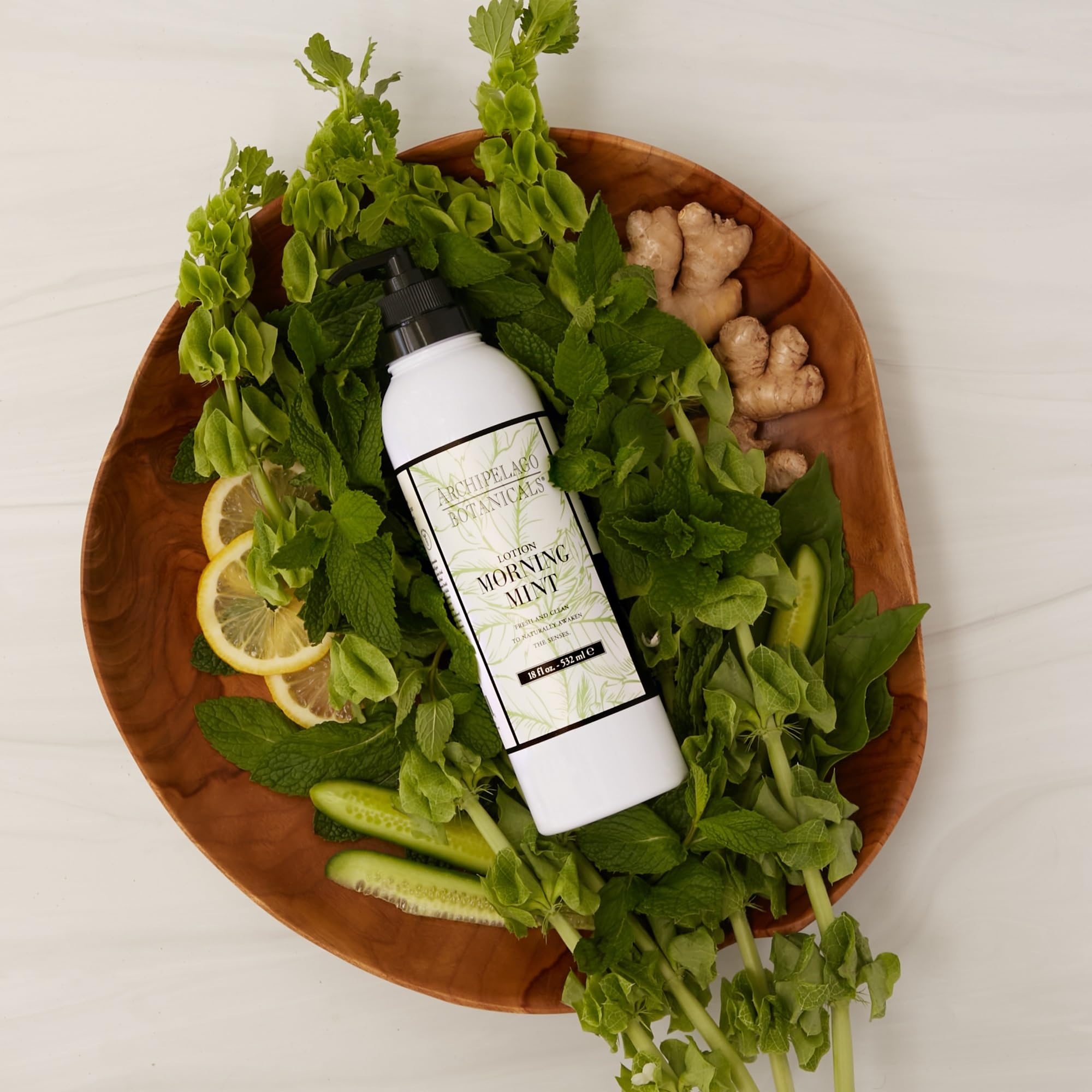 Archipelago Morning Mint Lotion on a bathroom shelf ready for everyday moisturization.