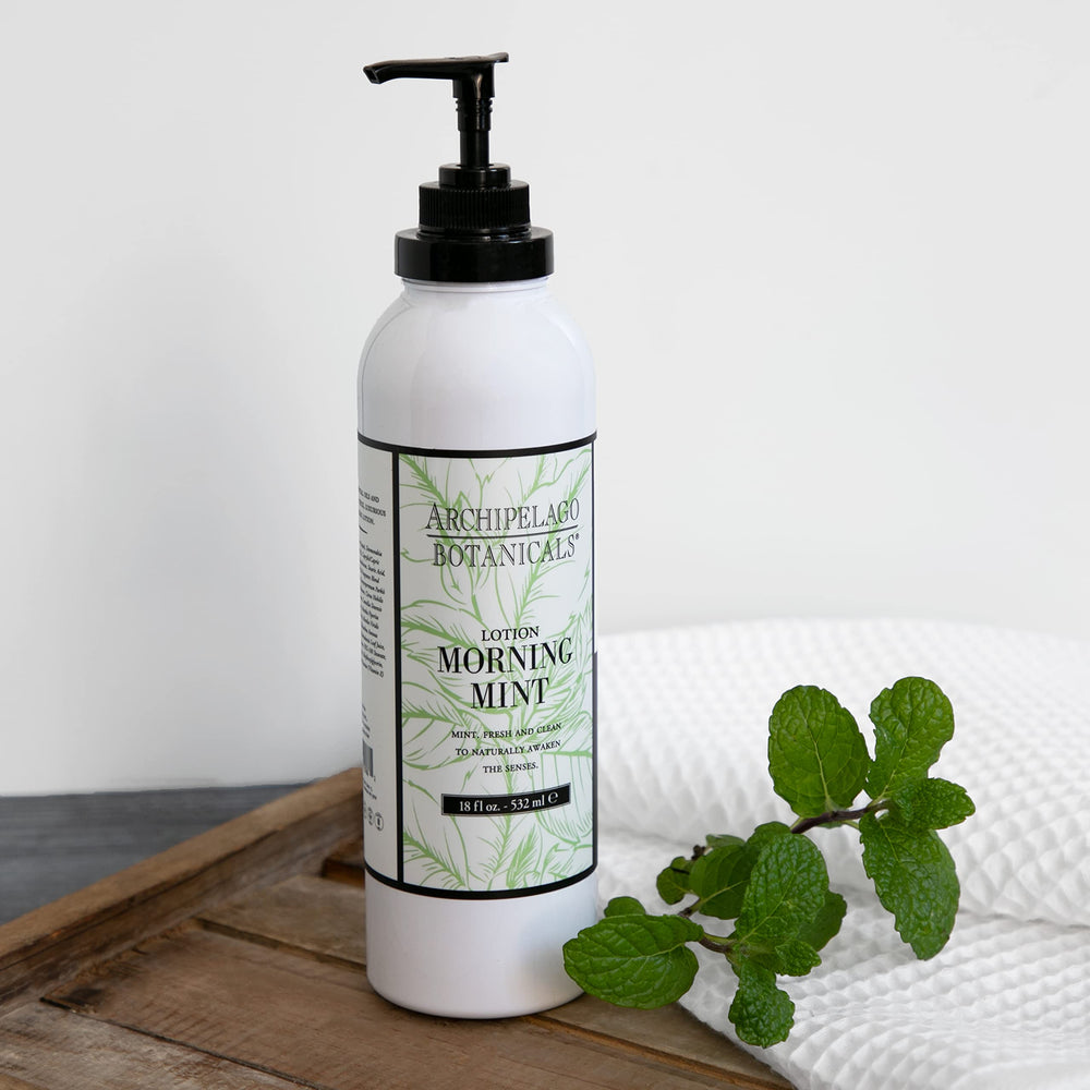 Archipelago Morning Mint Lotion texture swatch shows non-greasy absorption on skin.