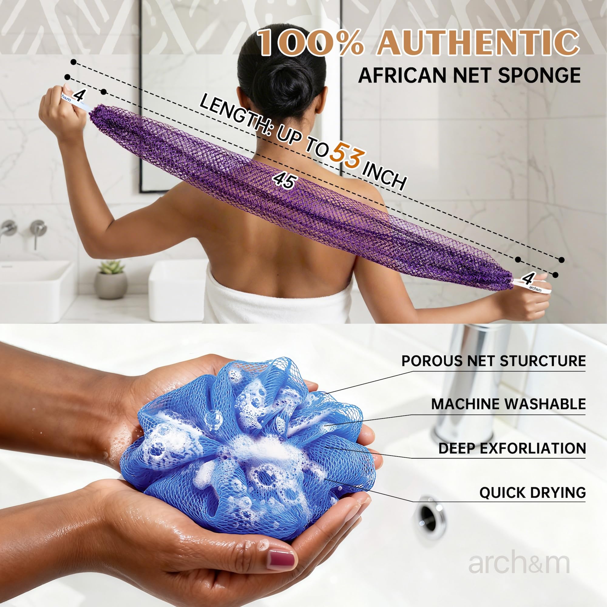 ARCH&M authentic African net sponge close-up highlighting radiant-skin benefits.