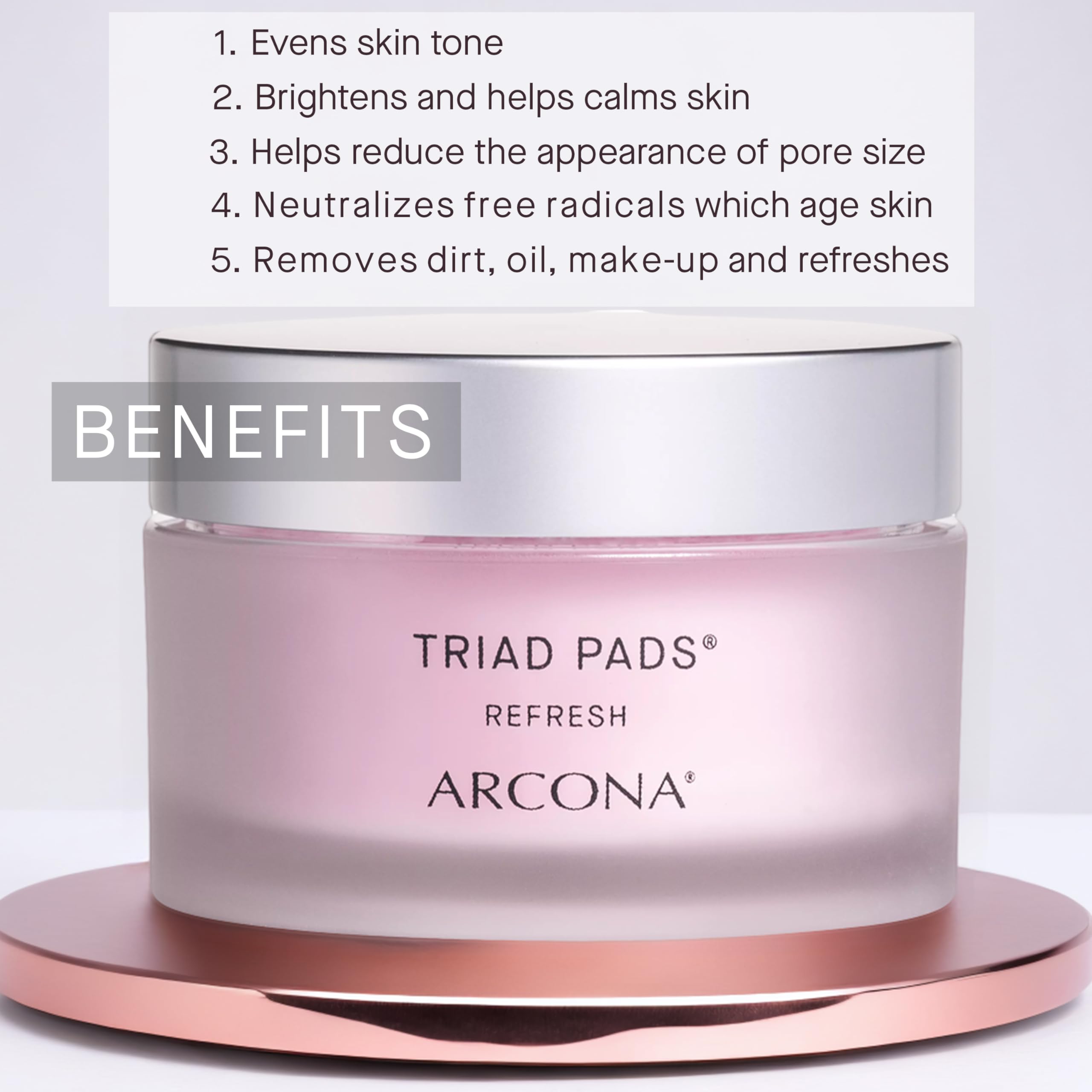 ARCONA Triad Pads label highlights cranberry and rice actives for brightness.