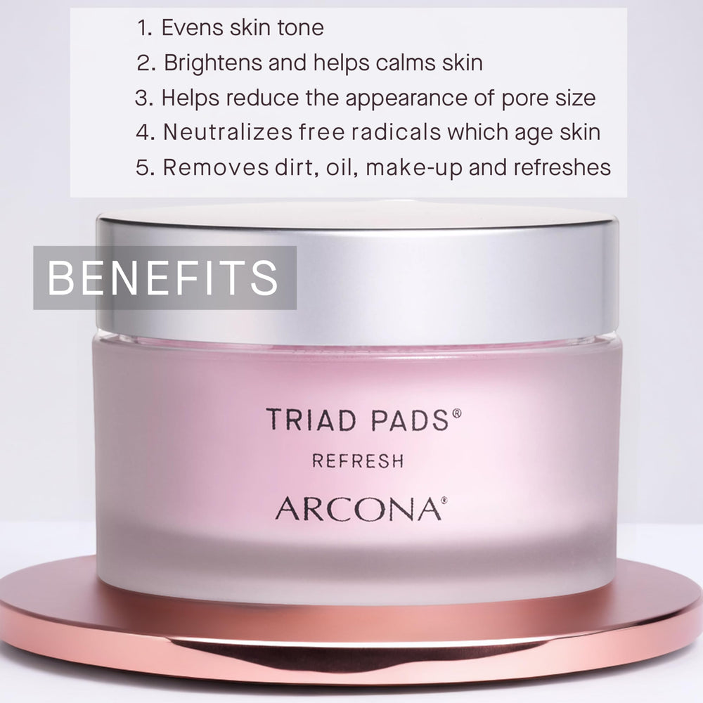 ARCONA Triad Pads label highlights cranberry and rice actives for brightness.