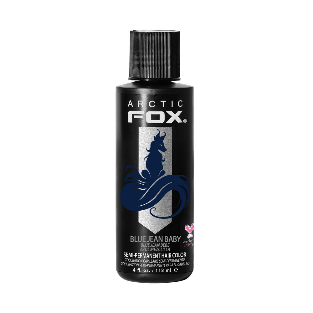 ARCTIC FOX Blue Jean Baby dye bottle showing rich, lasting pigment for denim-inspired color