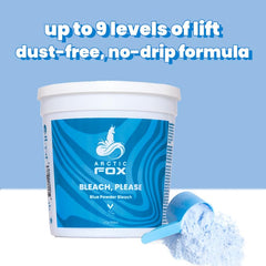 ARCTIC FOX Blue Powder Bleach in hand, smooth application for even coverage.