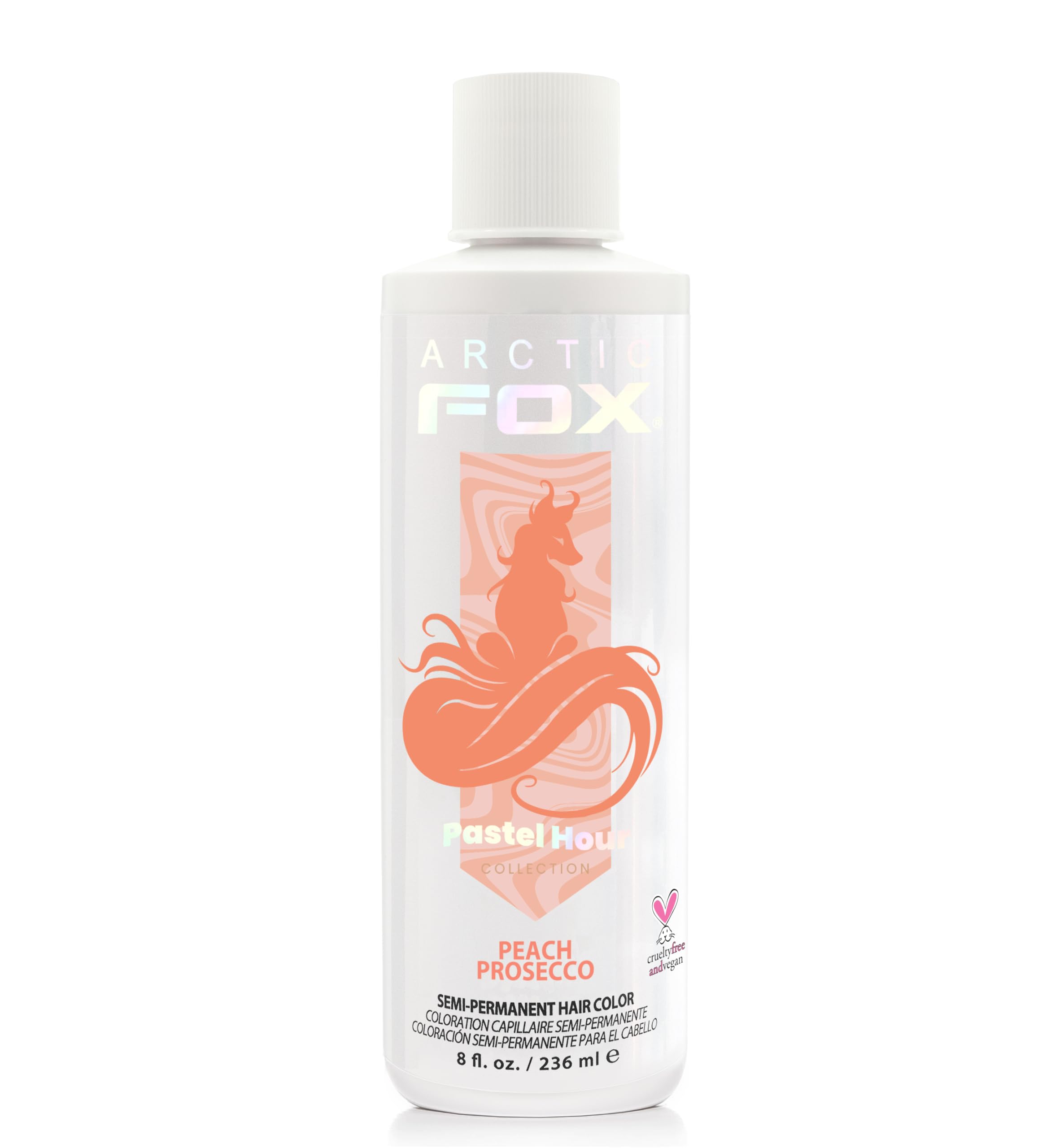 ARCTIC FOX Pastel Peach Prosecco dye bottle shows vibrant platinum-friendly color with conditioning.