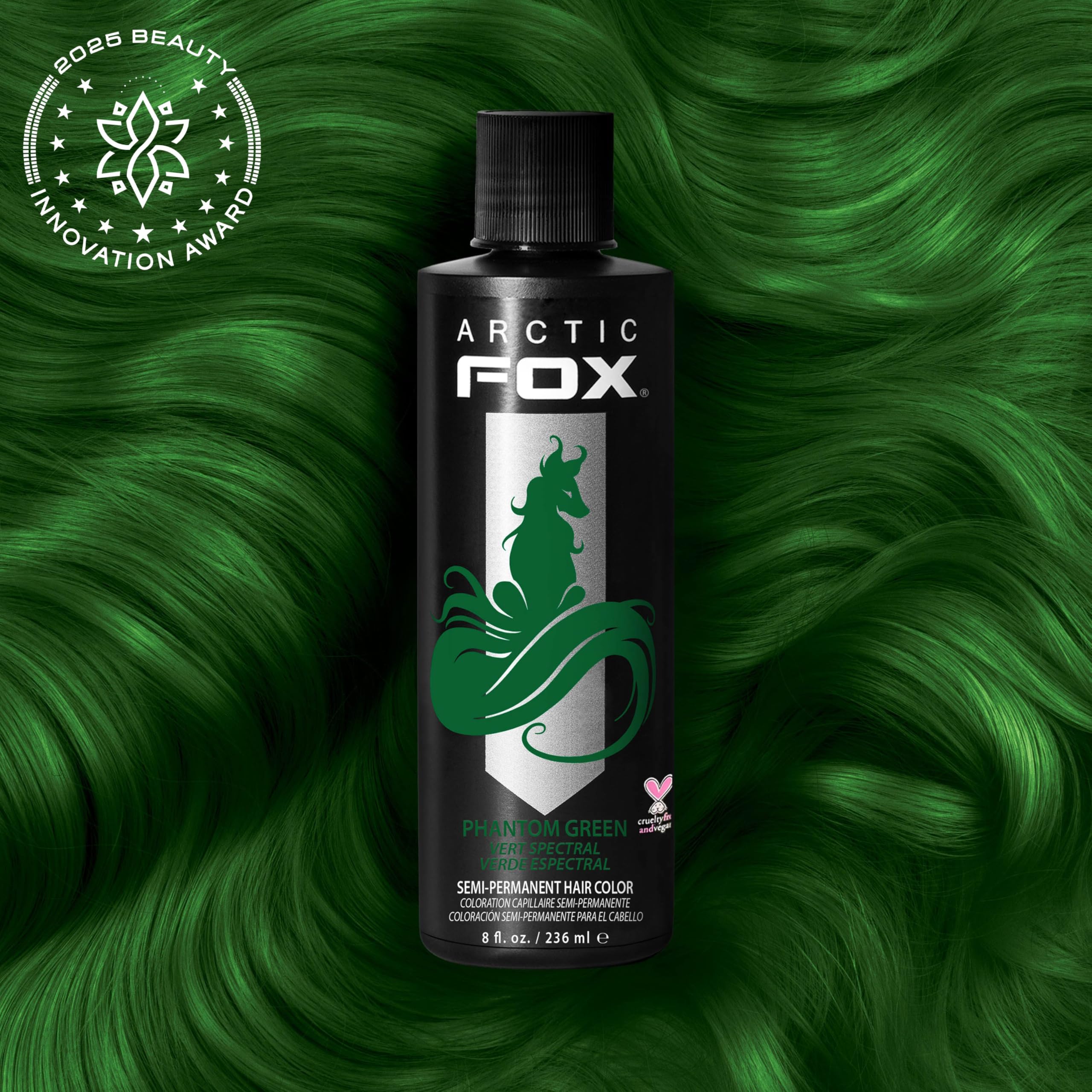 ARCTIC FOX Phantom Green bottle being poured to show emerald-teal blending options.