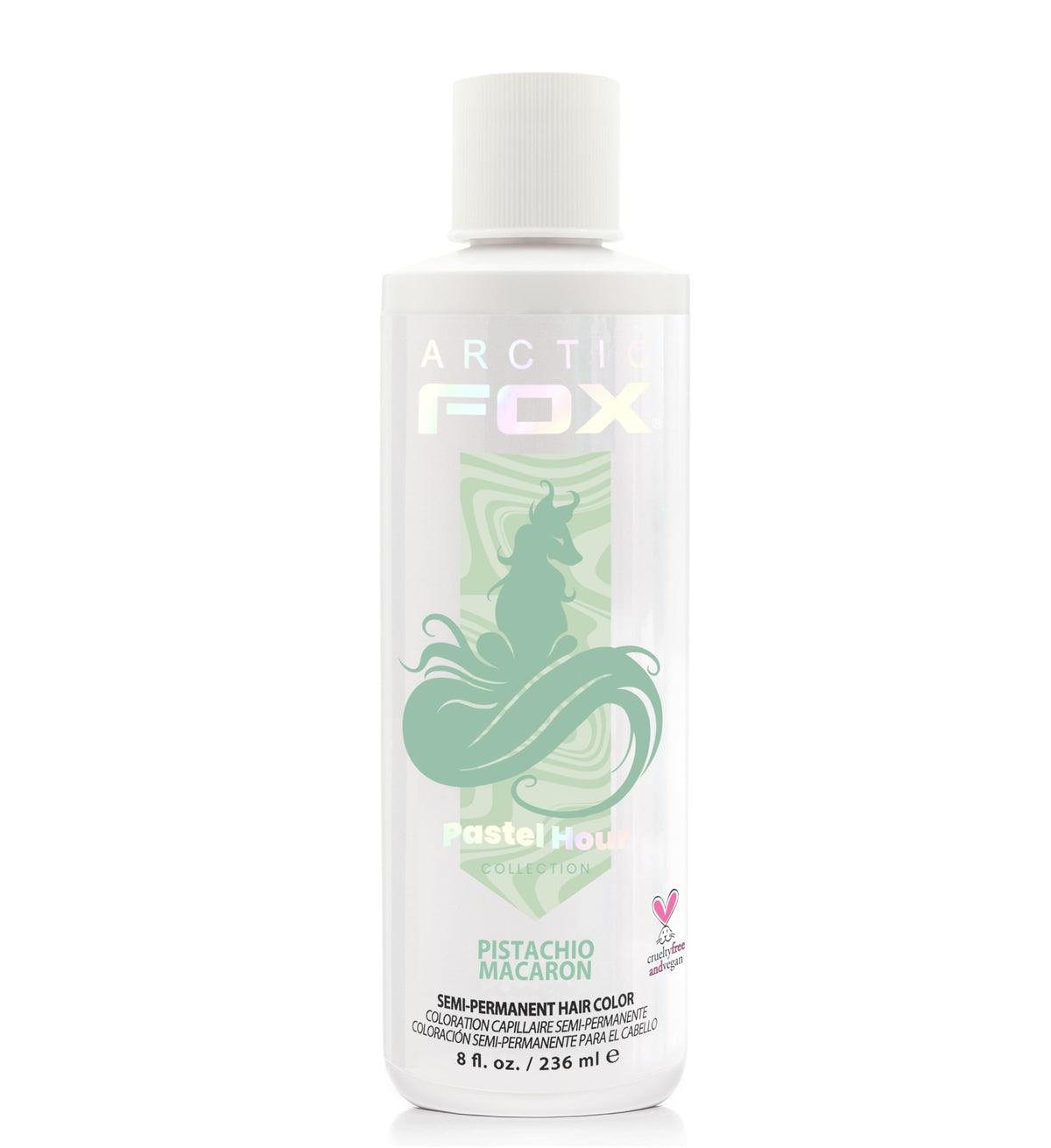 ARCTIC FOX Pistachio Macaron bottle close-up, vibrant pastel mint color with conditioning during application.
