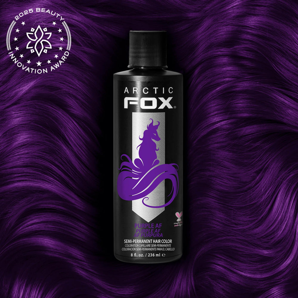 ARCTIC FOX Purple AF swatch on hair demonstrates true purple shade.