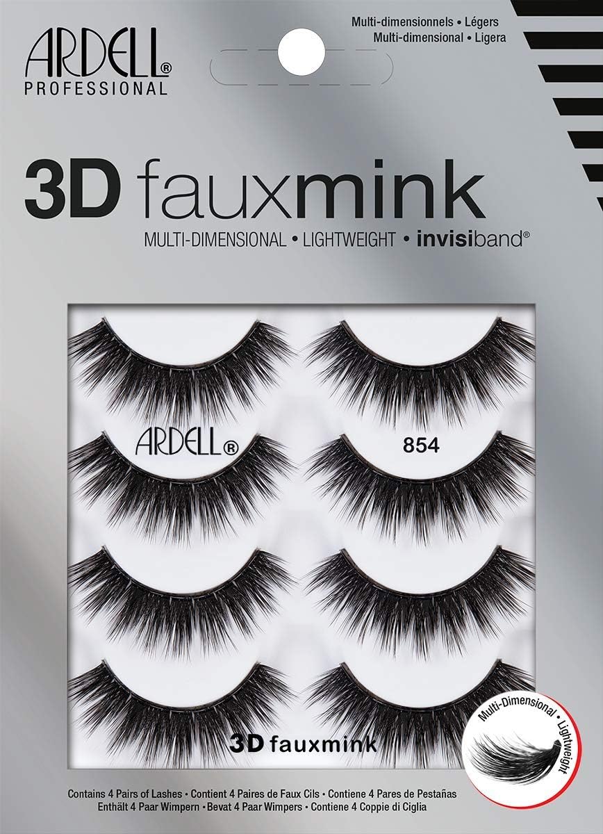 Ardell 3D Faux Mink 854 lashes closeup showing dramatic volume and feathered blend.