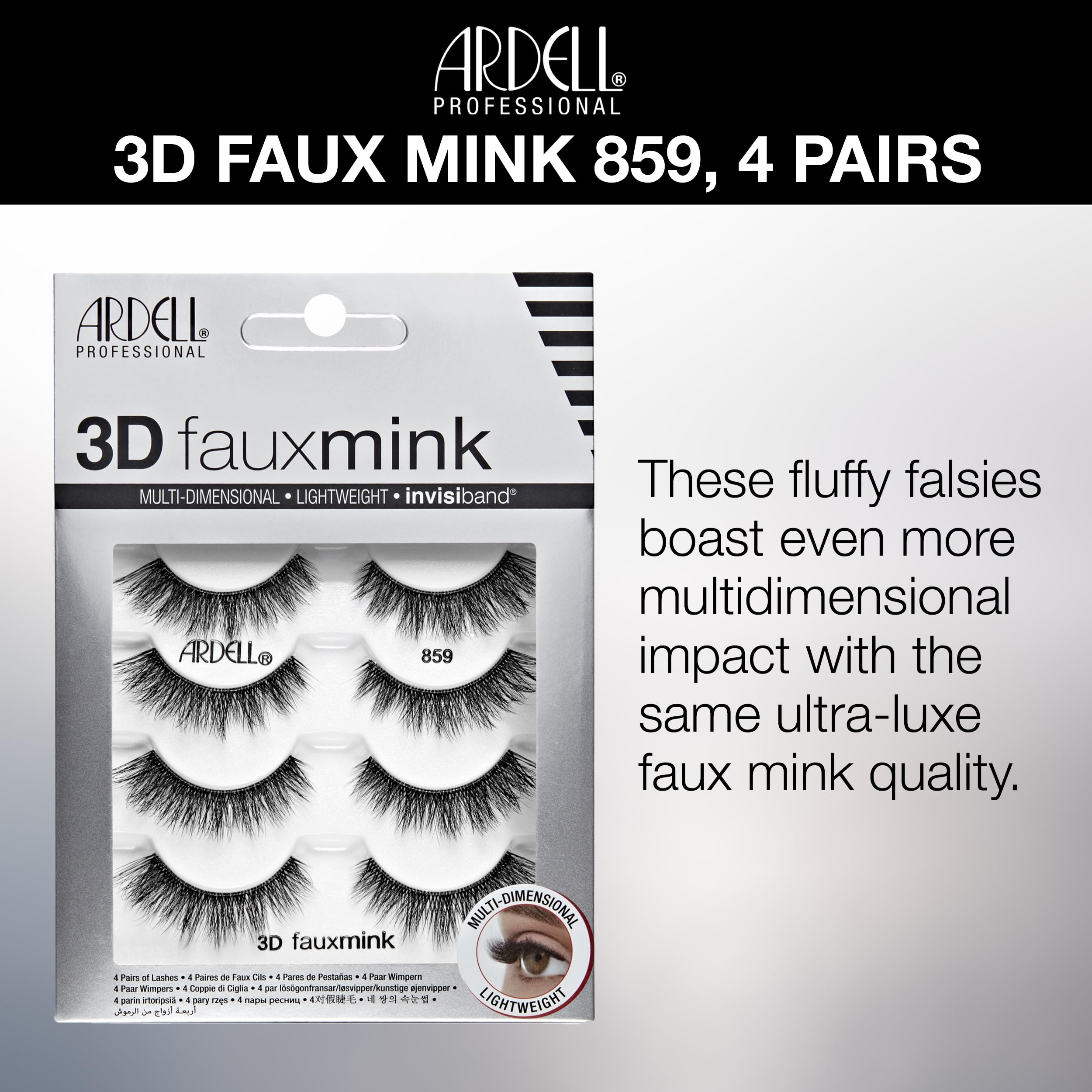 Ardell 3D Faux Mink Lashes flared design eye enhancement for bigger eyes.