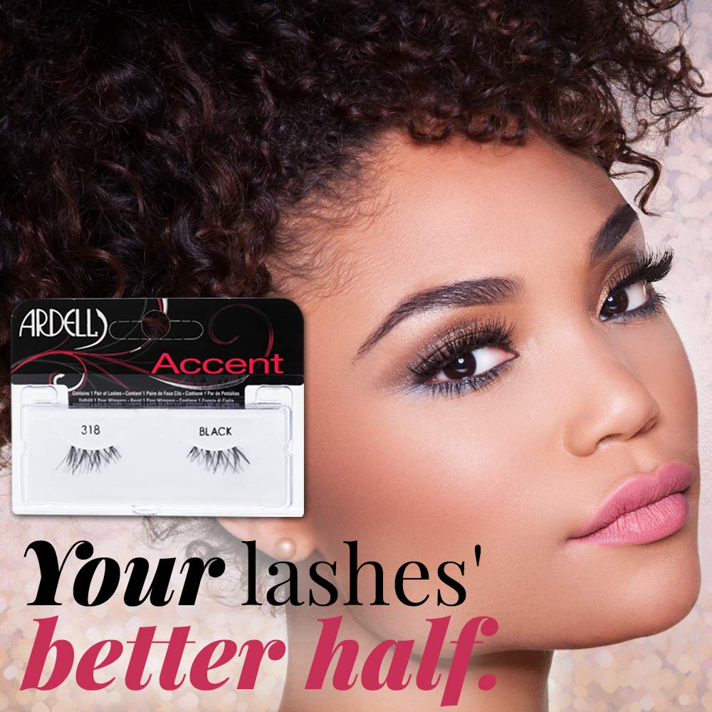 Ardell Accent Half Lashes 318 close-up shows feathered fibers for a natural blend.
