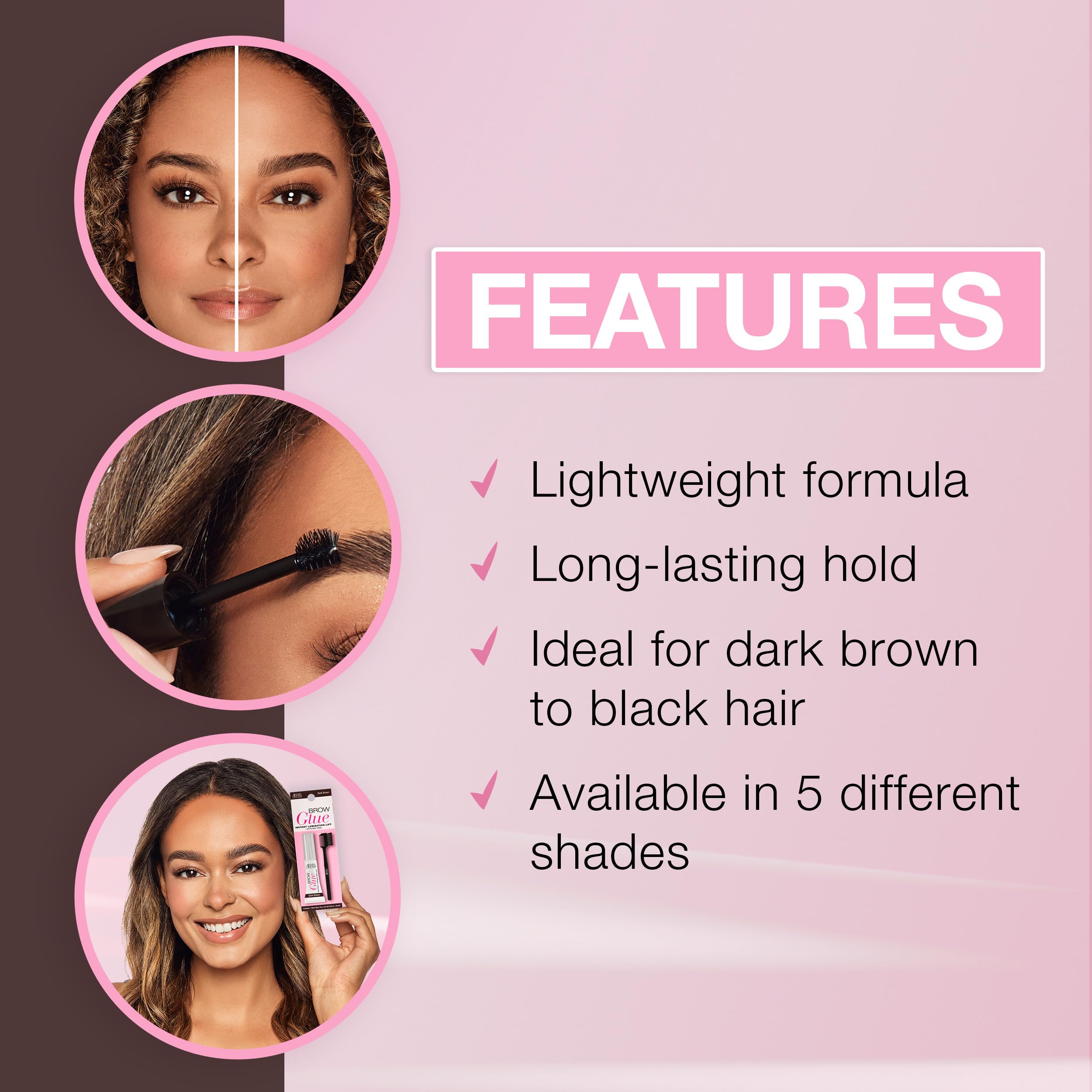 Ardell Brow Glue apply action demonstrates brow shaping and arch definition