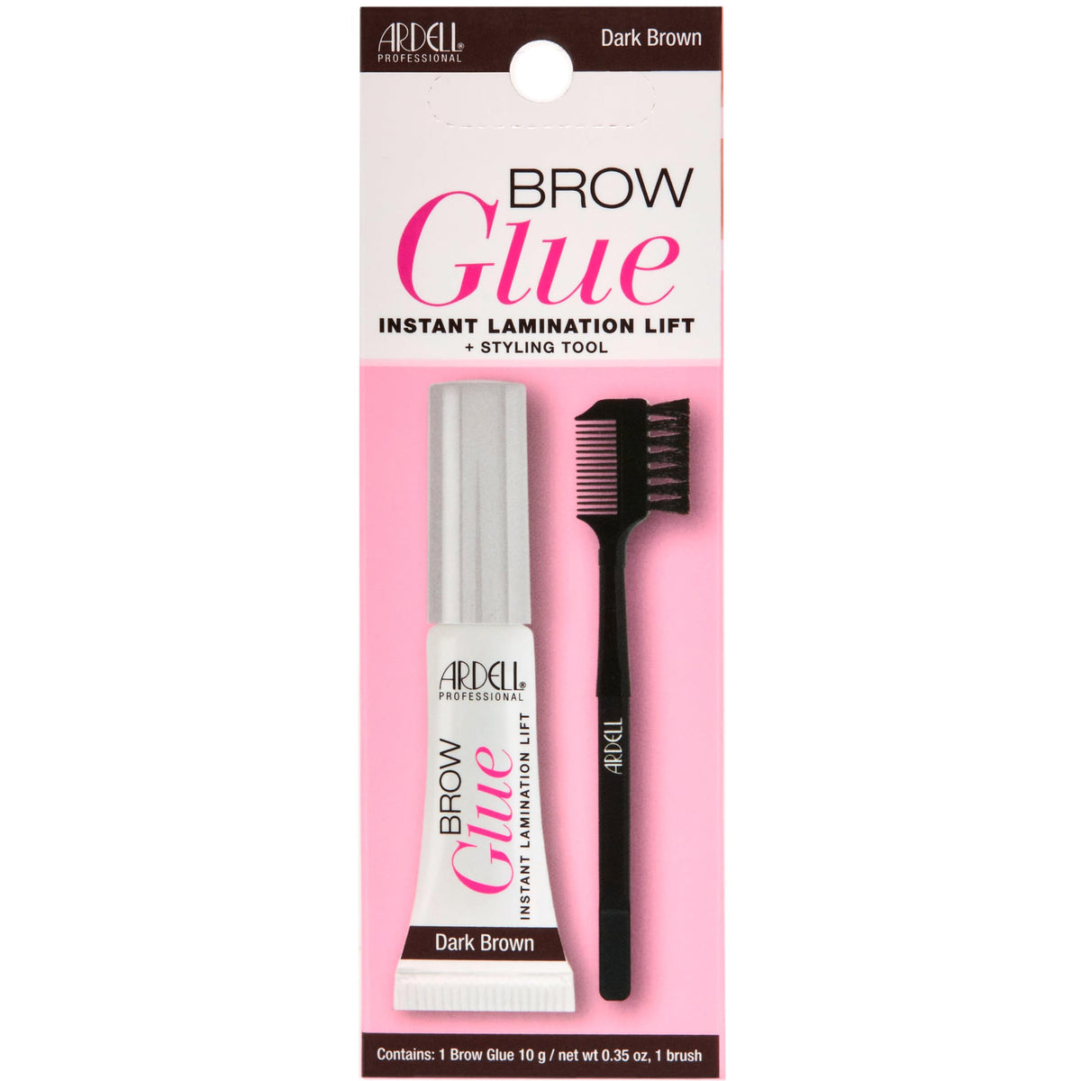 Ardell Brow Glue dark brown with styling brush delivers all-day hold for defined brows