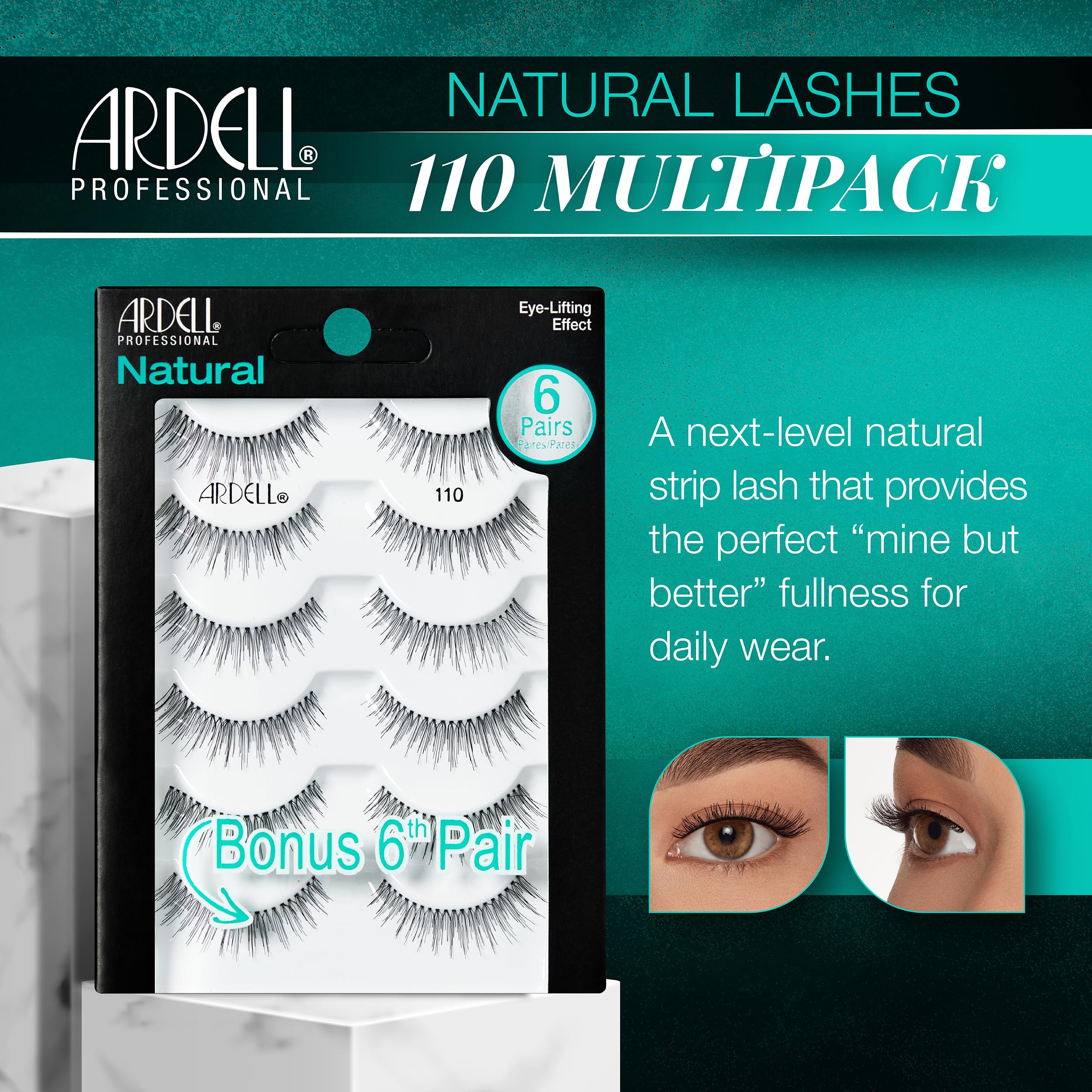 Ardell False Eyelashes 110 inner-outer corners for wide-awake, open-eyed appearance.