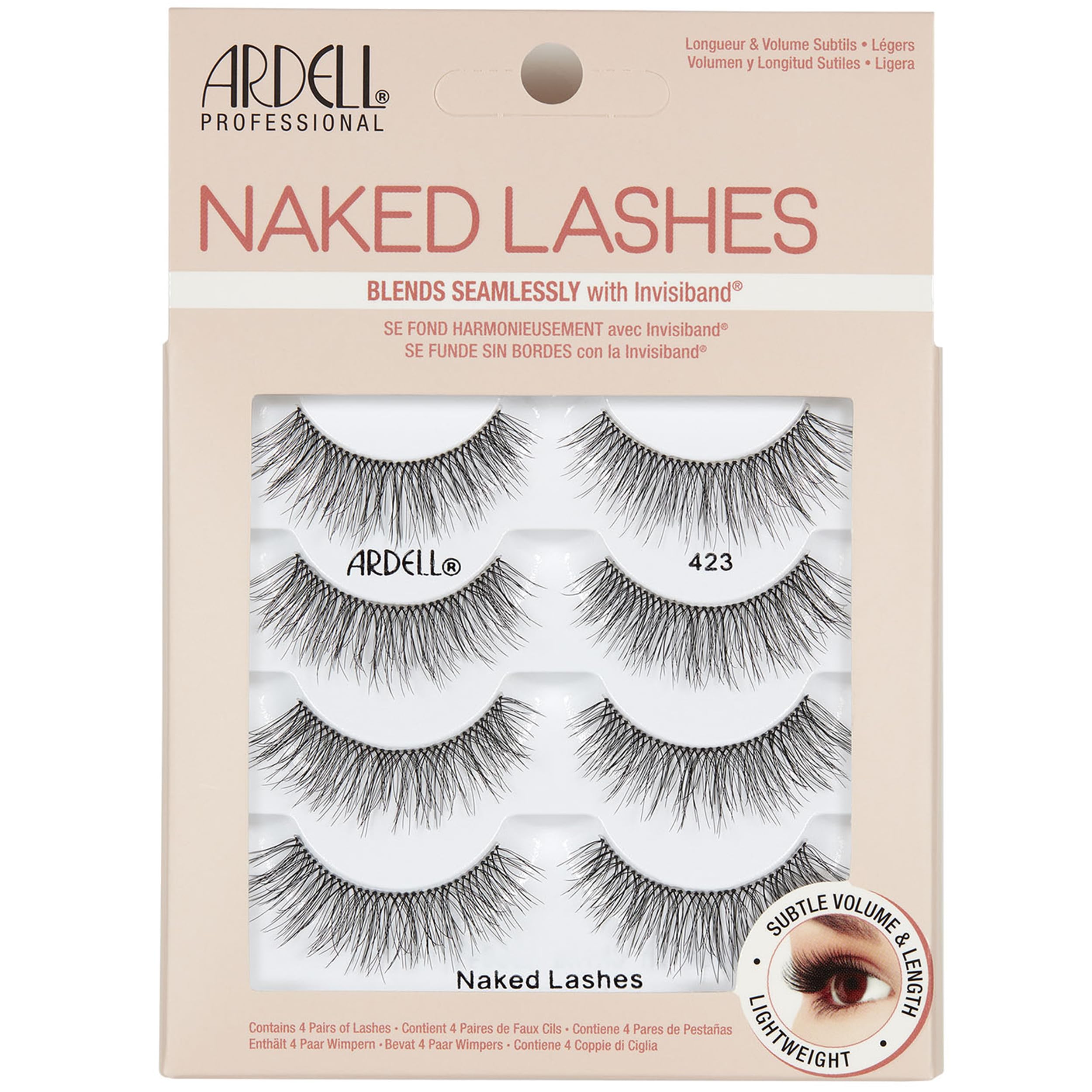 Ardell Naked Lashes 423 pack with compartments keeps lashes organized and ready to wear.