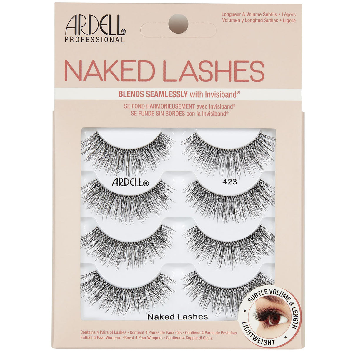 Ardell Naked Lashes 423 pack with compartments keeps lashes organized and ready to wear.