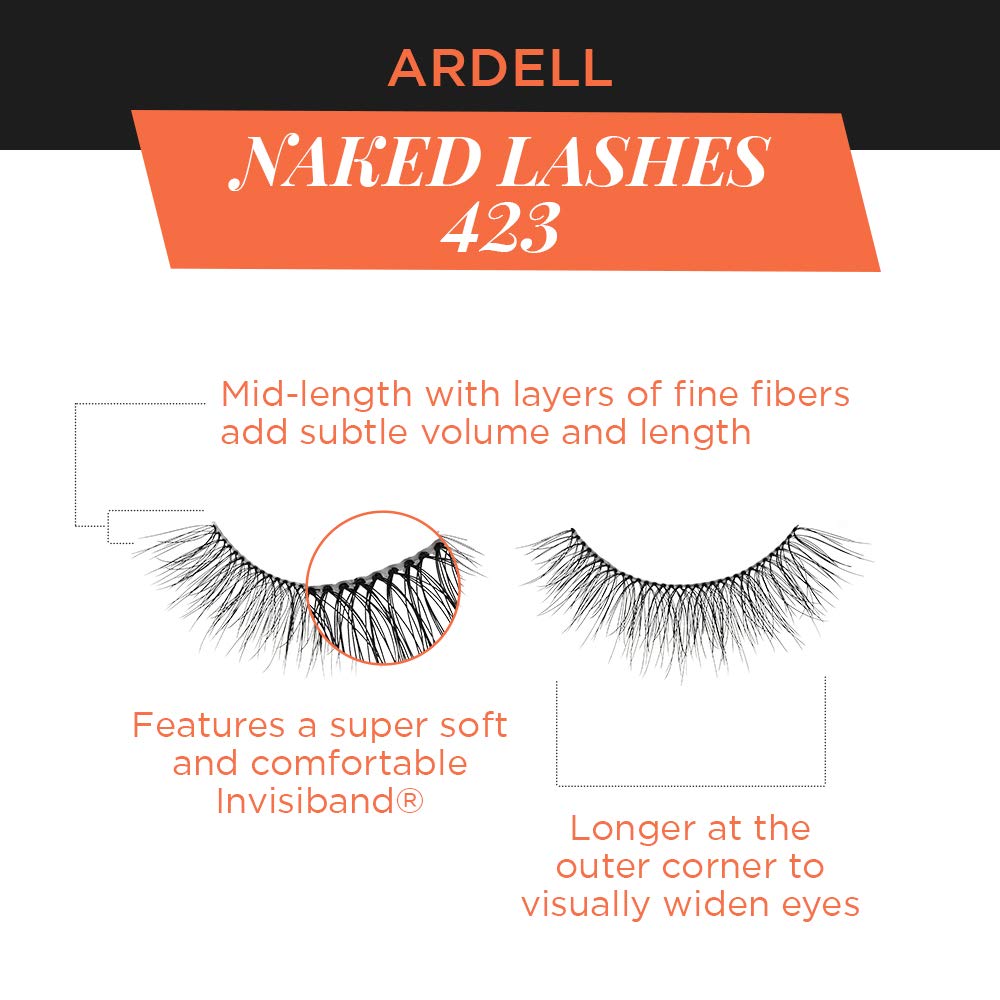 Ardell Naked Lashes 423 soft fibers create a natural flutter with refined tips.