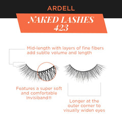 Ardell Naked Lashes 423 soft fibers create a natural flutter with refined tips.
