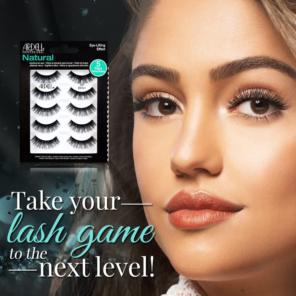 Ardell Natural 101 Demi Black lashes on eye demonstrates eye-lifting, rounded shape.