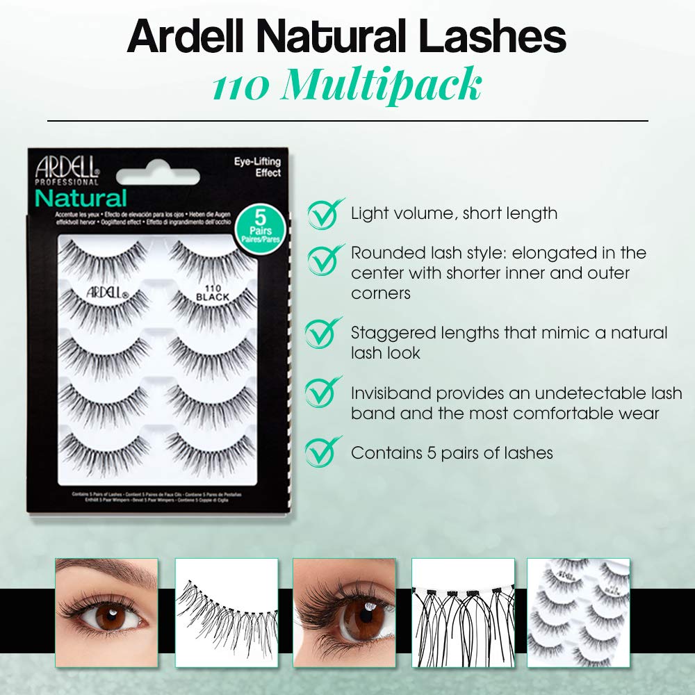 Ardell Natural False Eyelashes 110 Black clear band for discreet, comfortable application.