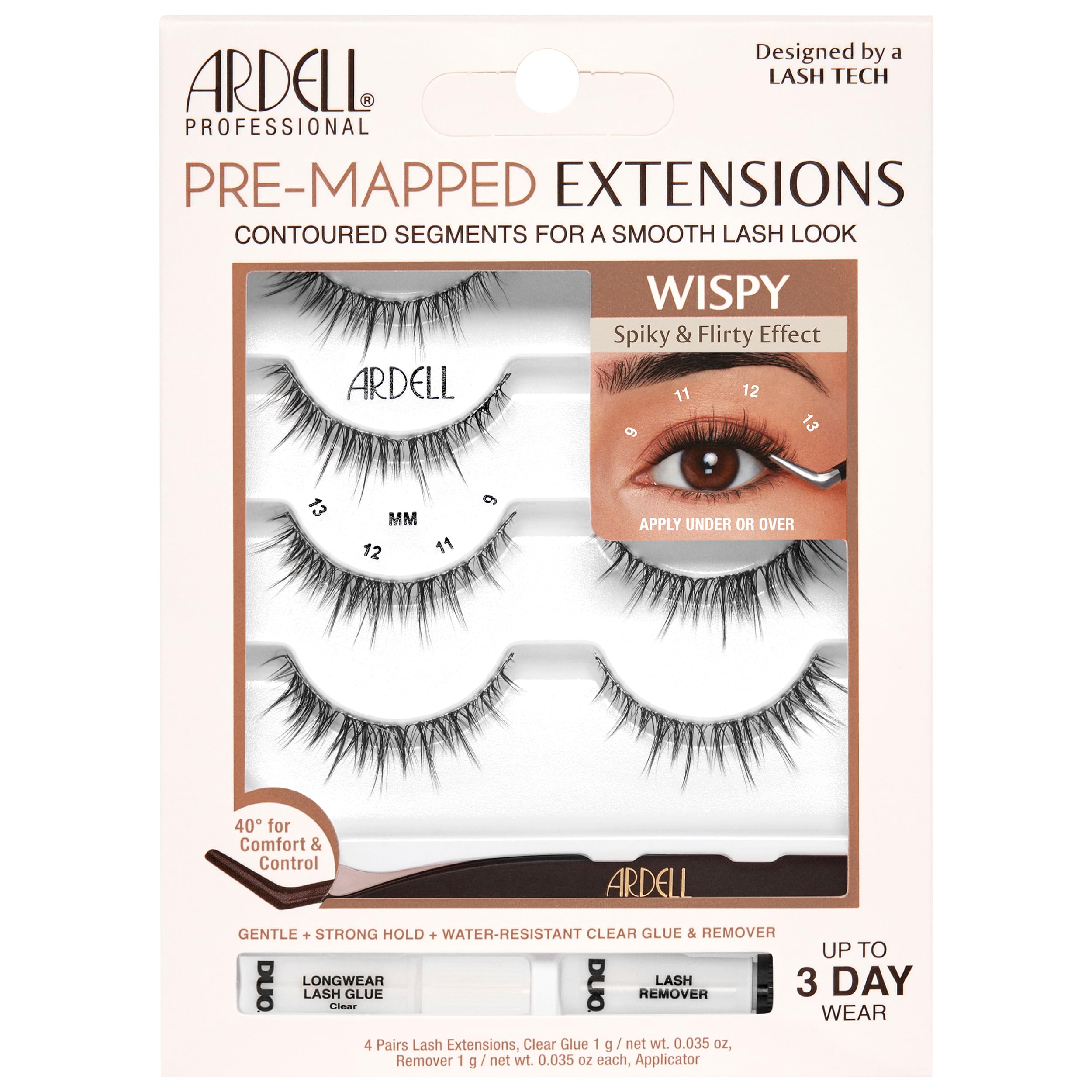Ardell pre-mapped kit pack shot with four lashes for easy glam.