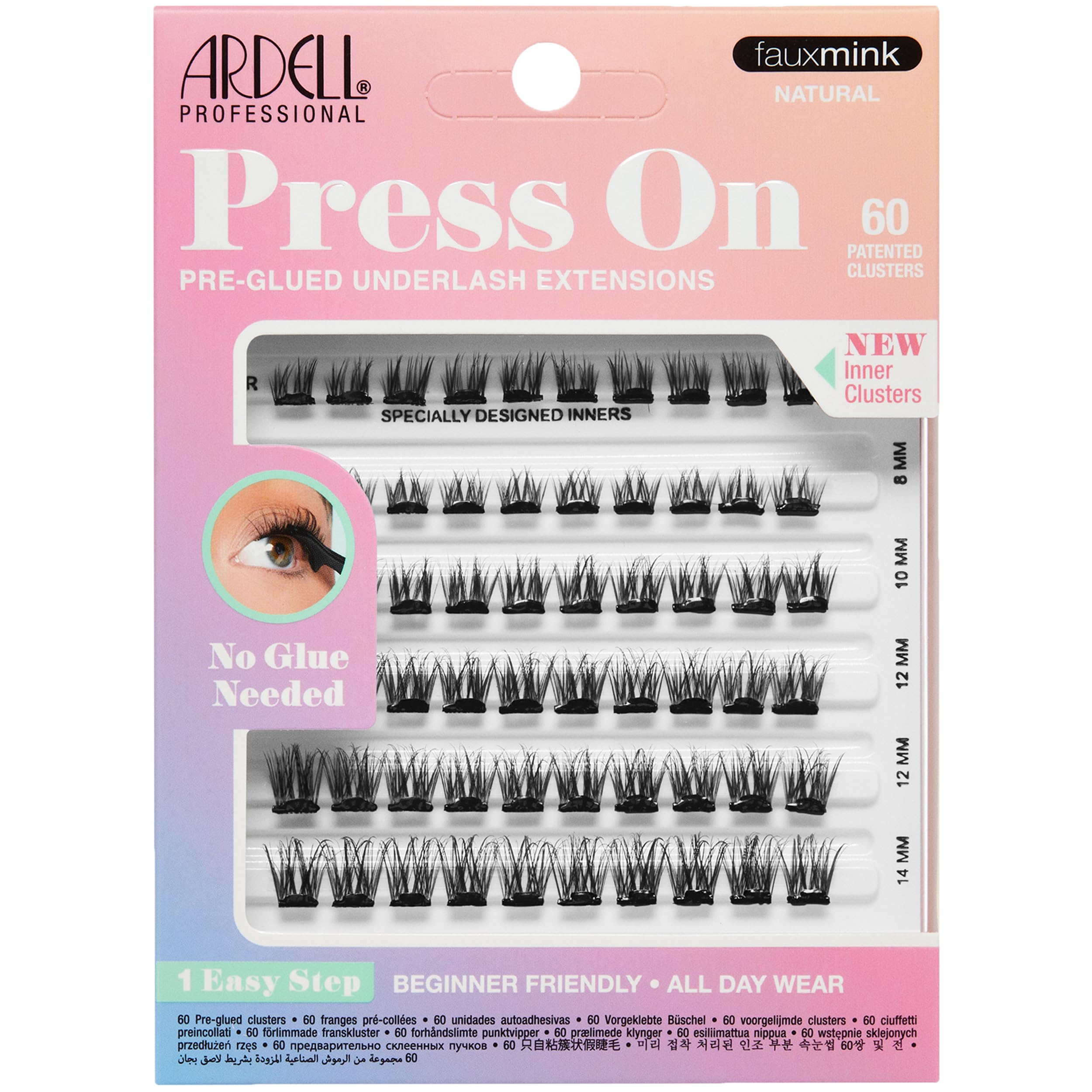 Ardell press-on pre-glued eyelash extension Fauxmink Natural packaging provides quick DIY glam.