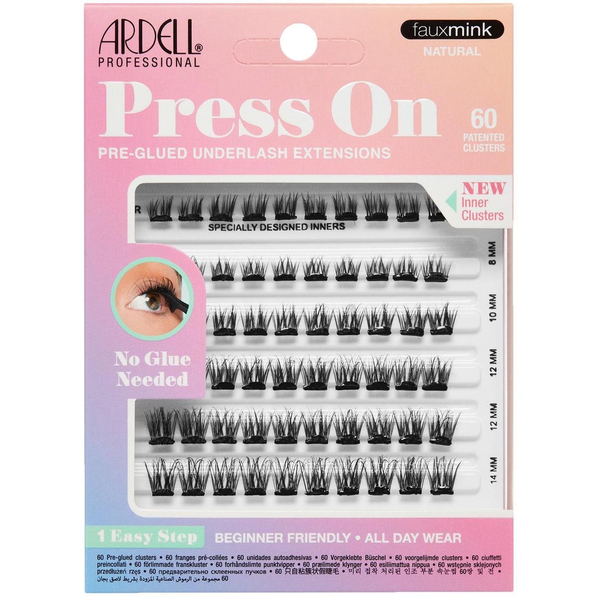 Ardell press-on pre-glued eyelash extension Fauxmink Natural packaging provides quick DIY glam.