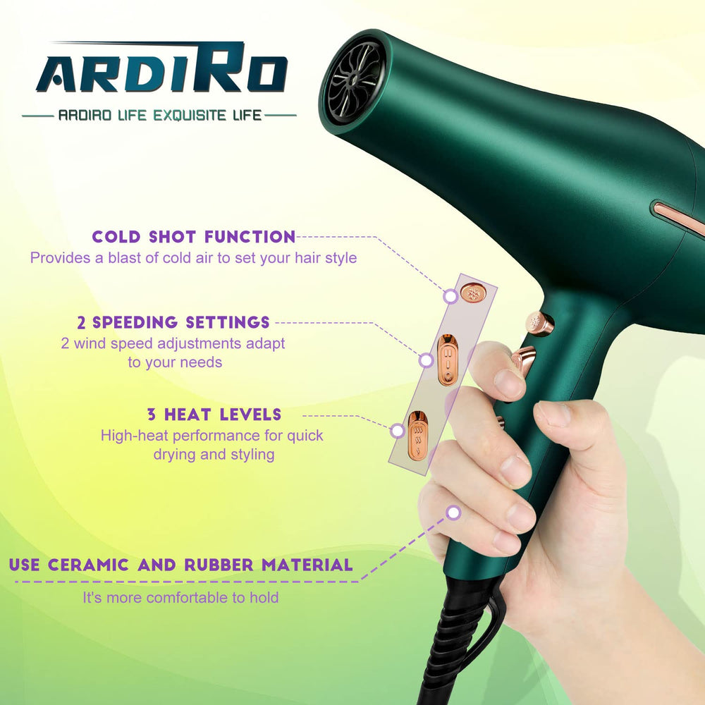 ARDIRO 2000W hair dryer cord and controls showcasing long reach and multi speed versatility