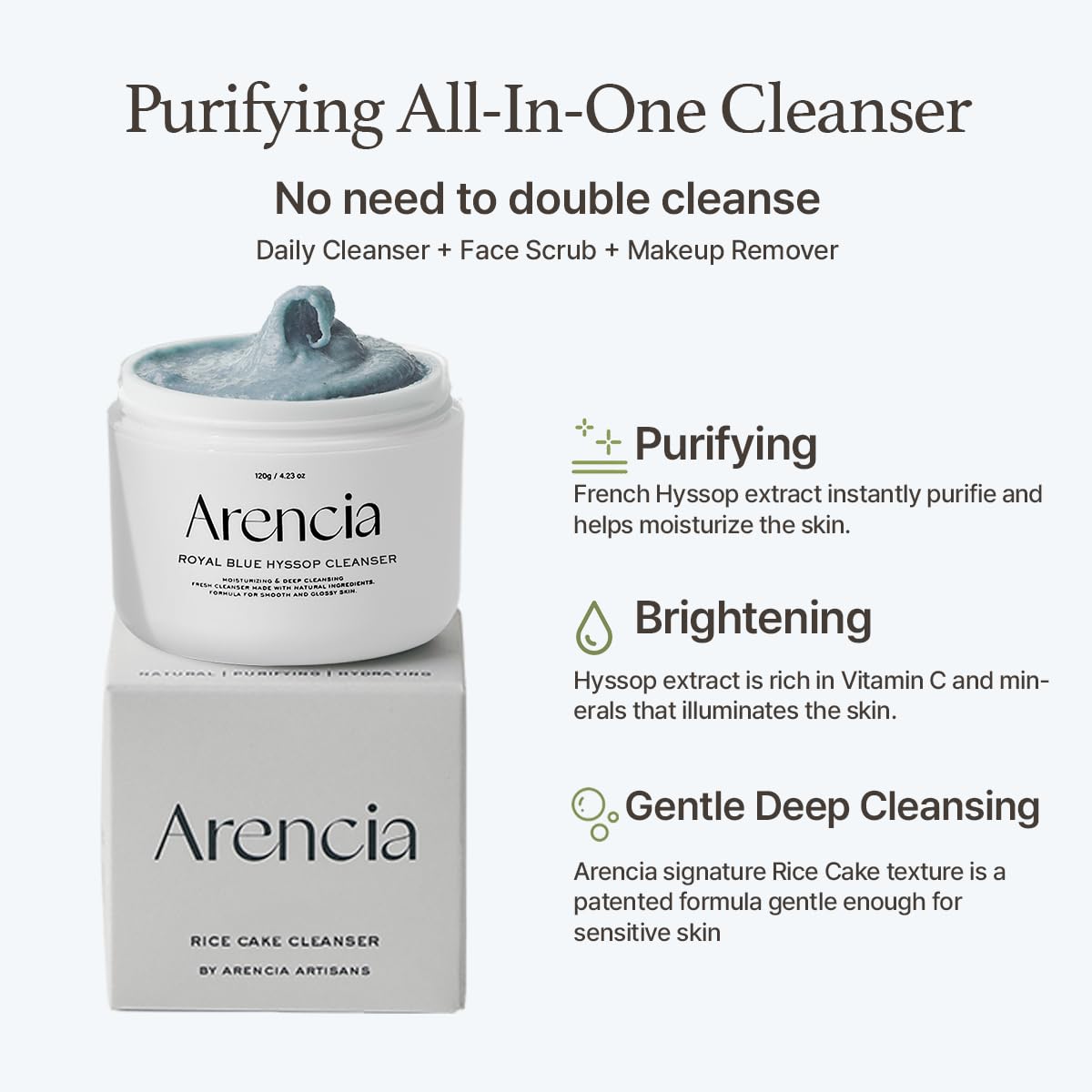 ARENCIA hyssop brightening scrub spread on hand highlights creamy texture for gentle cleansing.