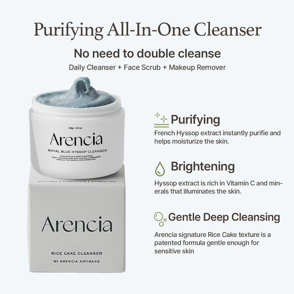 ARENCIA hyssop brightening scrub spread on hand highlights creamy texture for gentle cleansing.