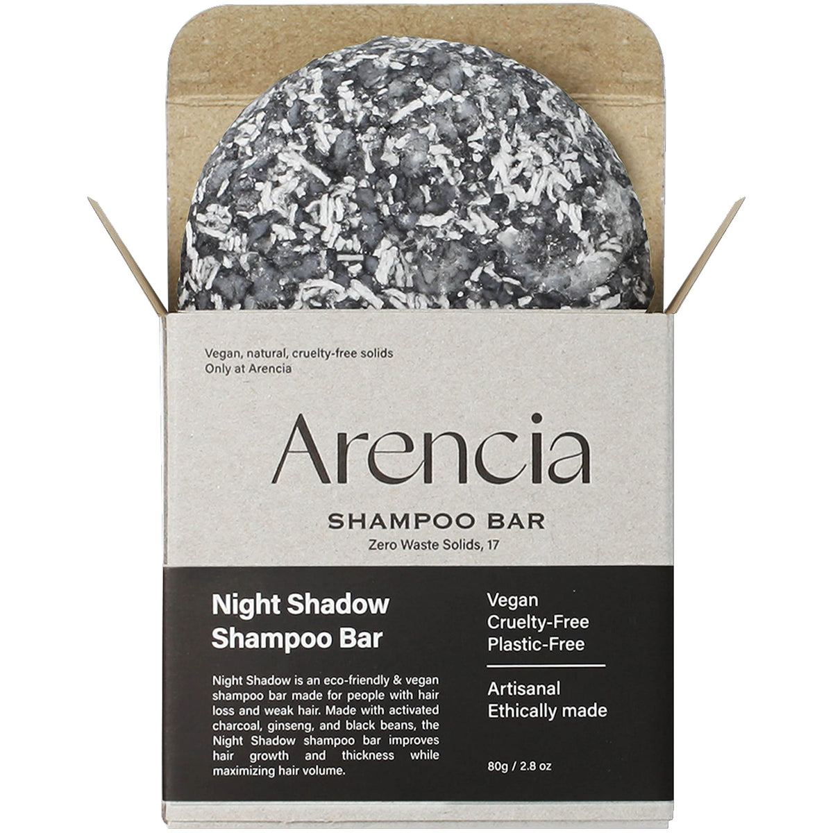 ARENCIA Night Shadow shampoo bar close-up; gentle daily cleansing.