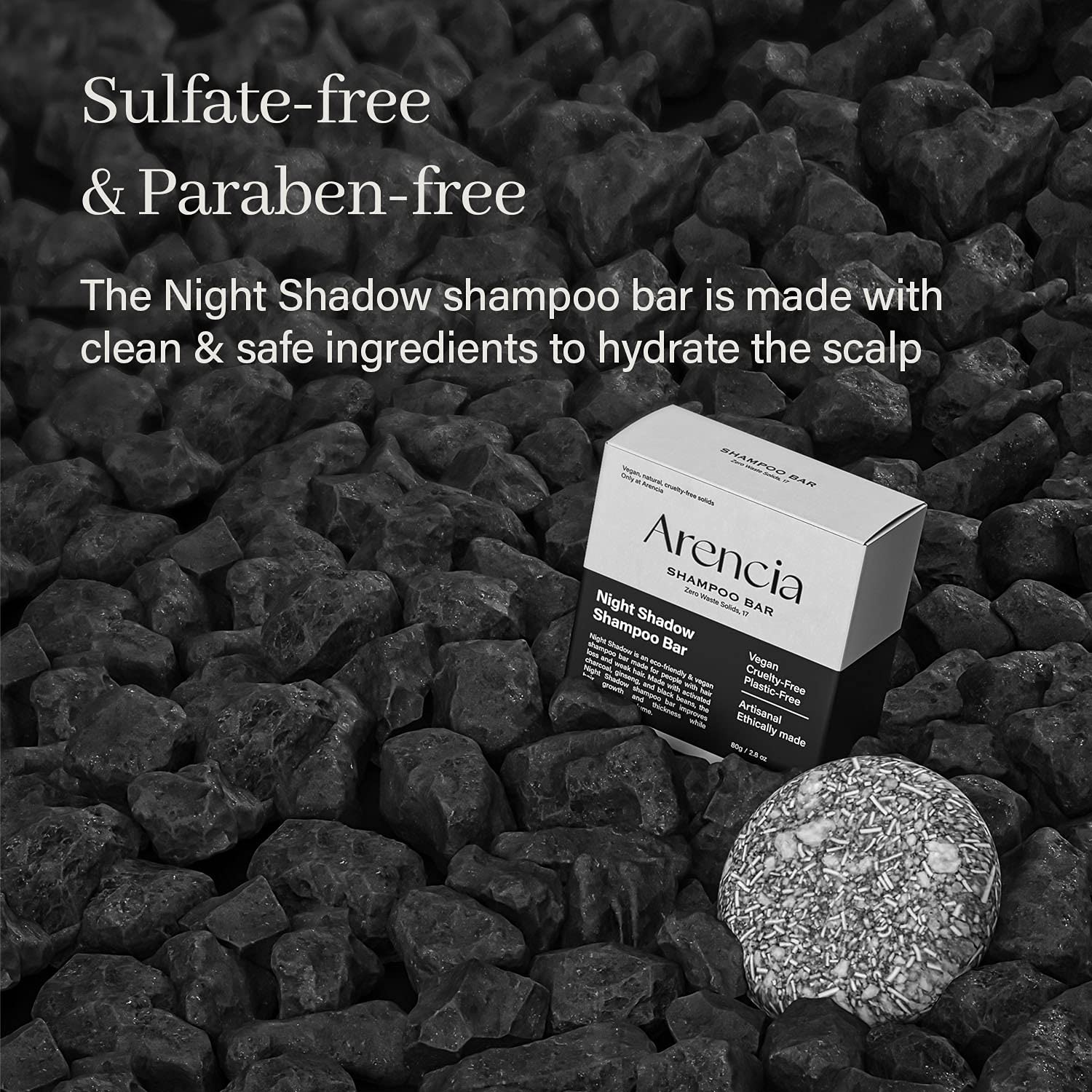 ARENCIA Night Shadow shampoo bar in hand; wet-to-lather cleansing for hair vitality.