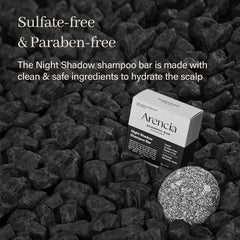 ARENCIA Night Shadow shampoo bar in hand; wet-to-lather cleansing for hair vitality.