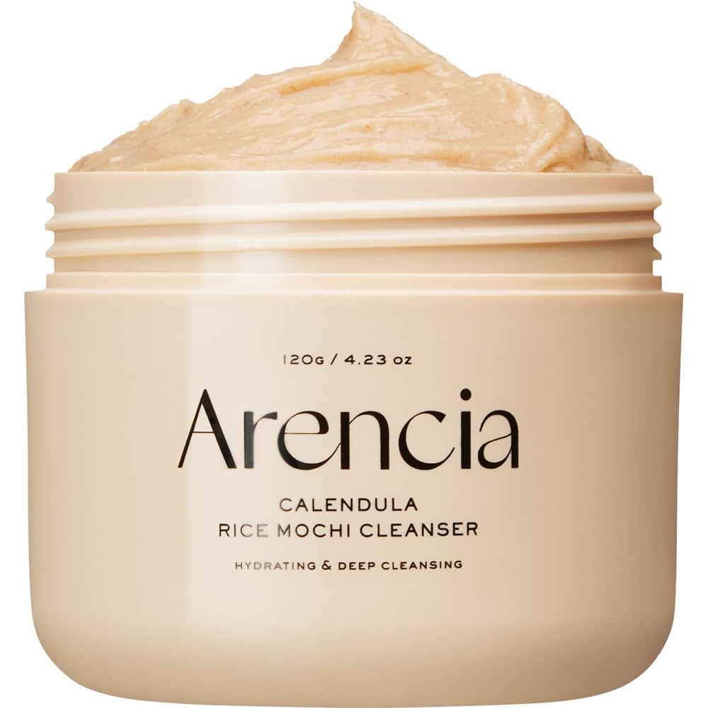 Arencia Calendula Rice Mochi cleanser bottle shown for daily moisturizing and brightening.
