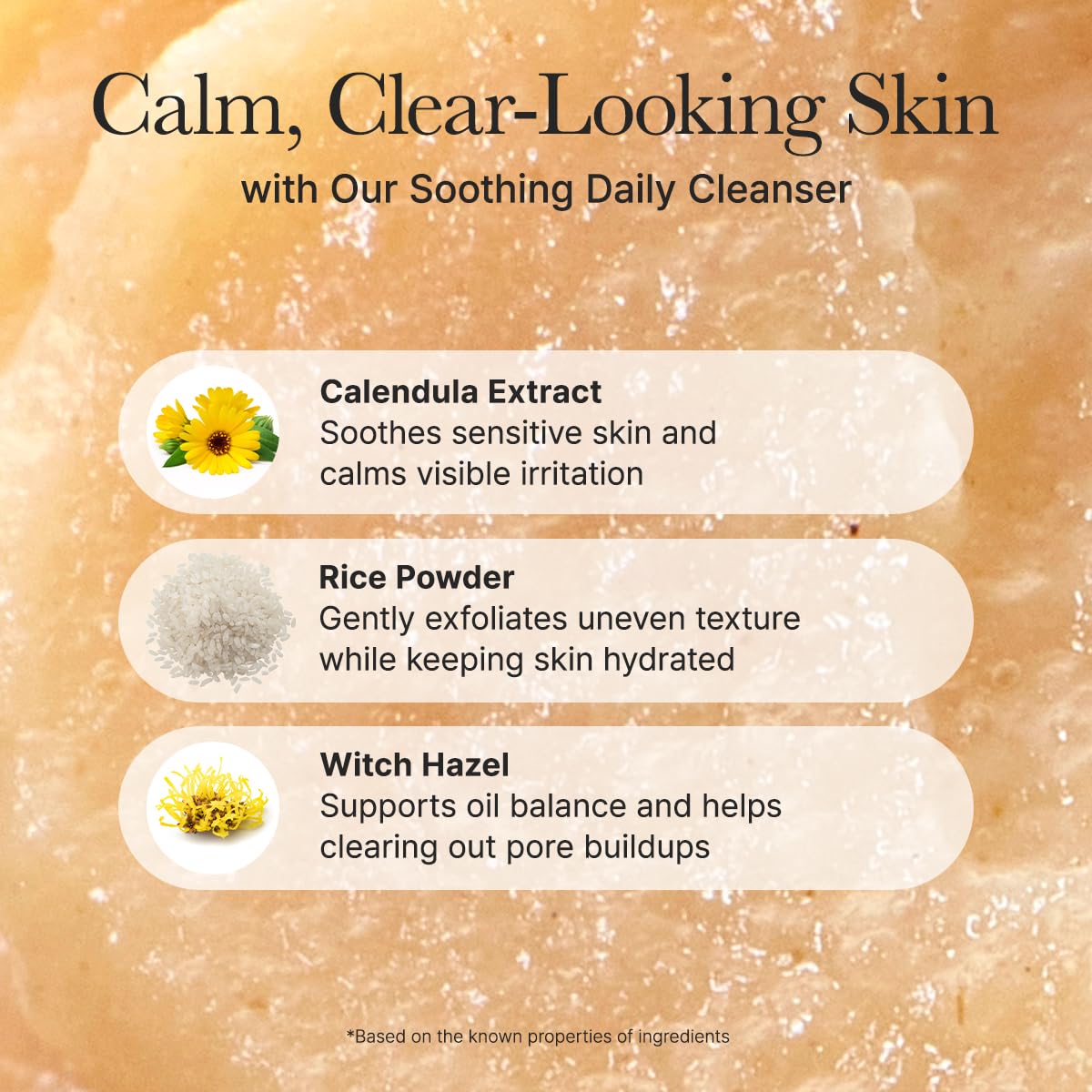 Arencia Calendula Rice Mochi applied on skin suggests refreshed feel after washing.
