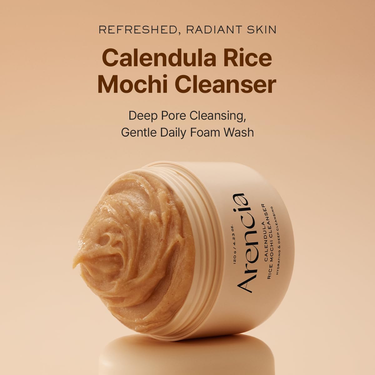 Arencia Calendula Rice Mochi foam close-up demonstrates gentle cleansing lather.