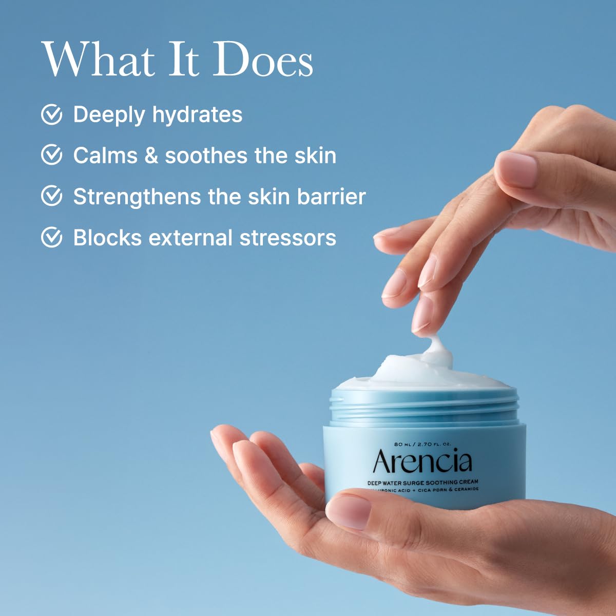 ARENCIA Deep Water Surge Cream texture swatch highlighting quick absorption.