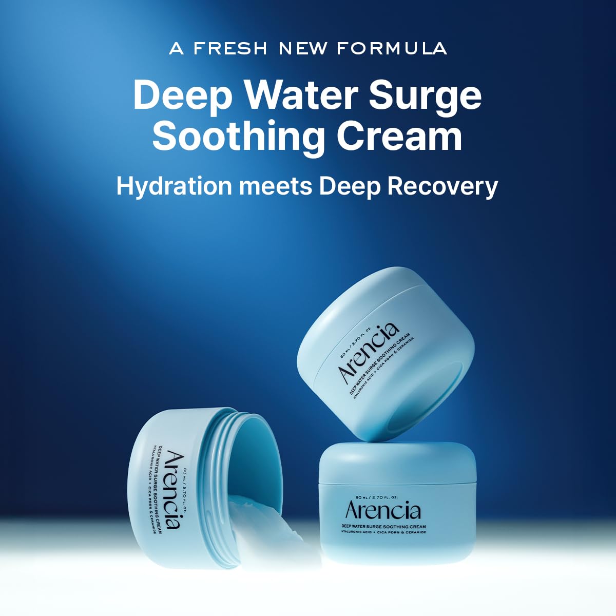 ARENCIA Deep Water Surge Cream ingredients spotlight highlighting hyaluronic acid and ceramide for lasting moisture.