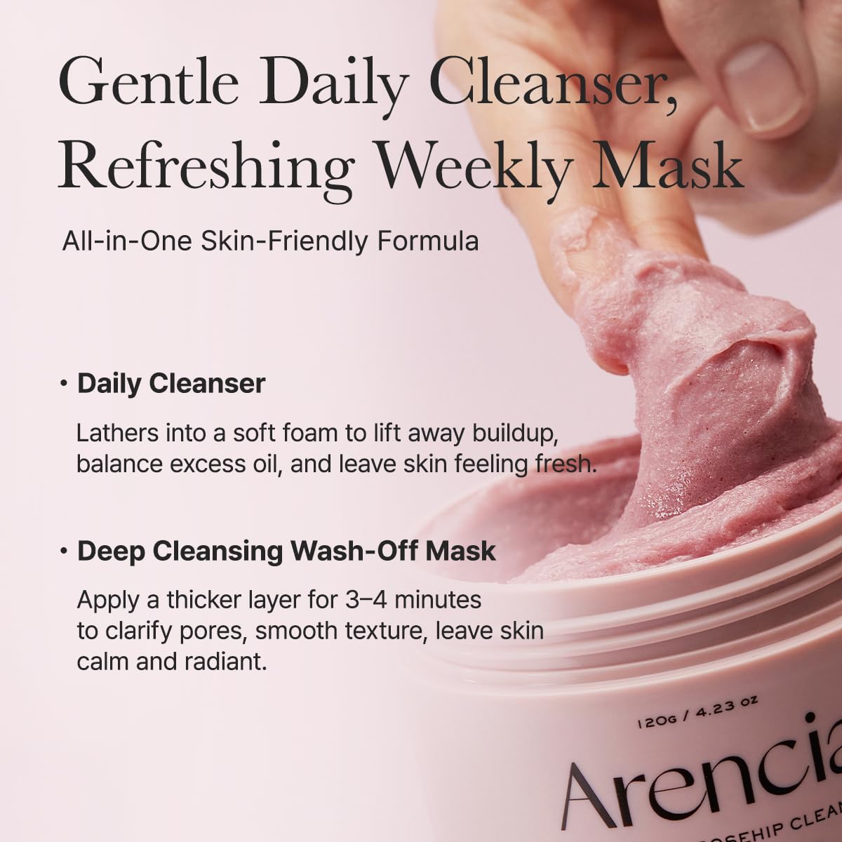 ARENCIA Fresh Rosehip Rice Mochi Cleanser close-up texture for gentle action