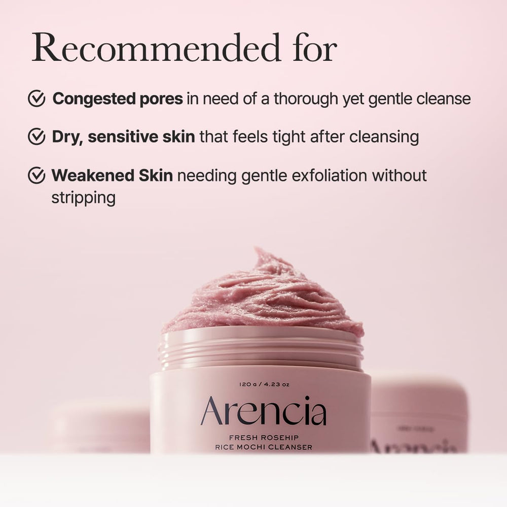 ARENCIA Fresh Rosehip Rice Mochi Cleanser showing mild exfoliating grains in paste