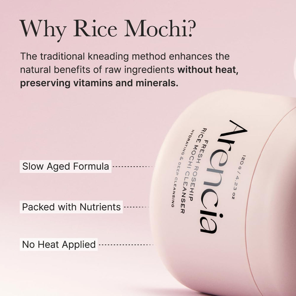 ARENCIA Fresh Rosehip Rice Mochi Cleanser minimalist packaging on shelf