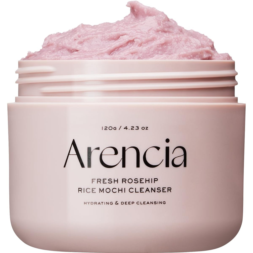 ARENCIA Fresh Rosehip Rice Mochi Cleanser tube close-up showing creamy texture and gentle exfoliation