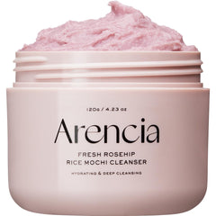 ARENCIA Fresh Rosehip Rice Mochi Cleanser tube close-up showing creamy texture and gentle exfoliation