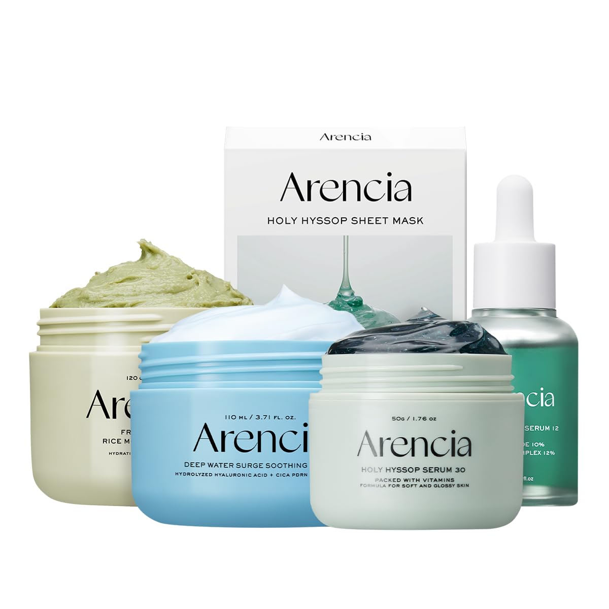 Arencia Glass Skin Renewal Set packaging showing full-size bottles for a convenient at-home routine
