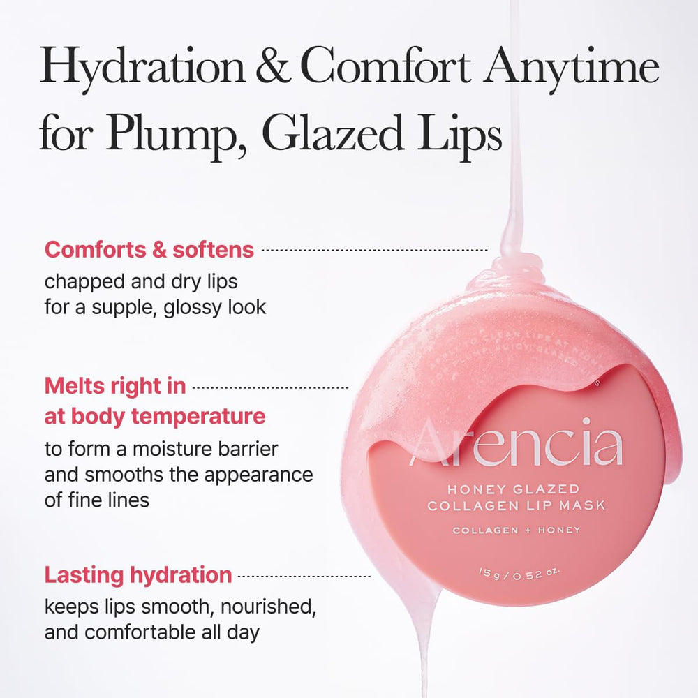 ARENCIA Honey Glazed Collagen Lip Mask label detail showing ingredients.