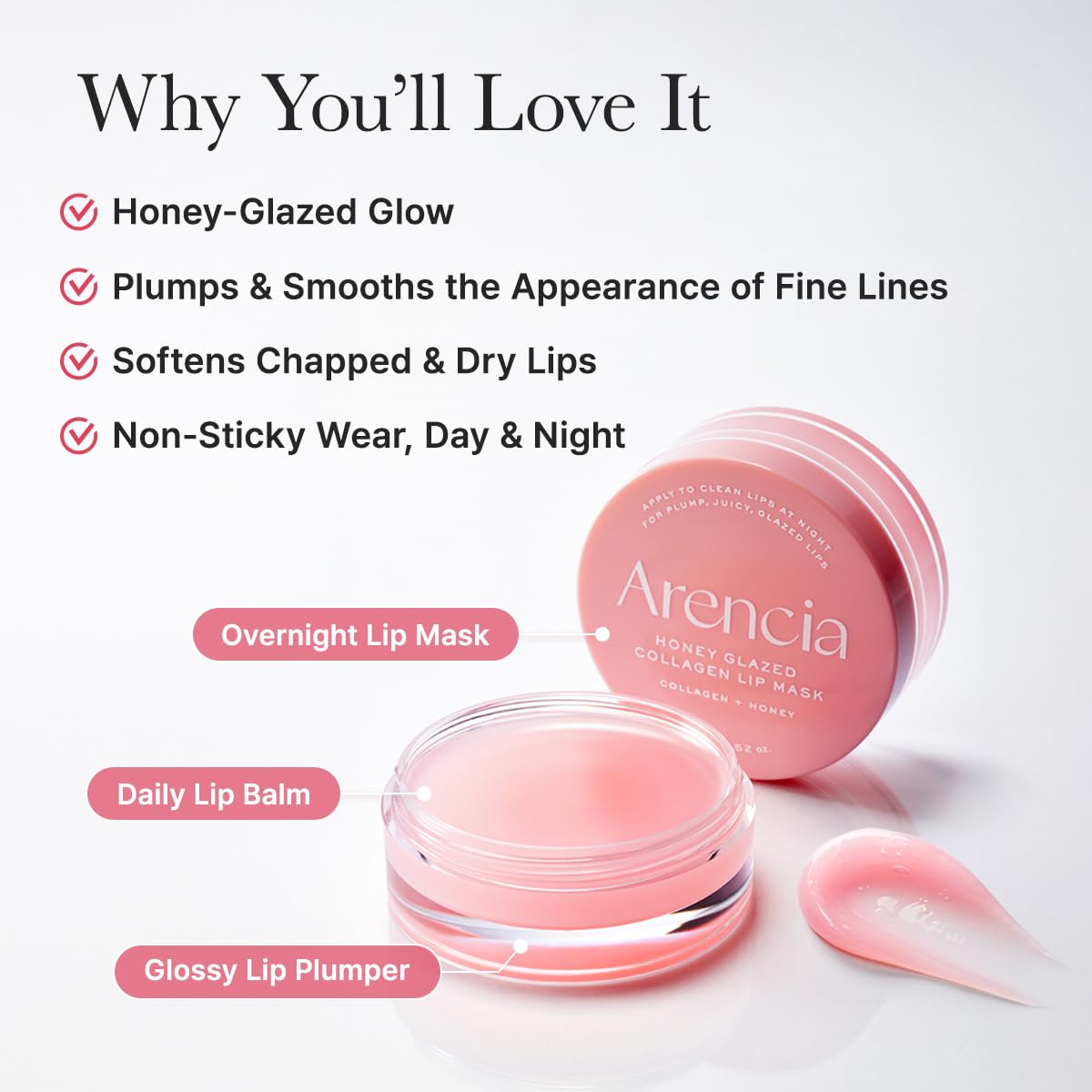 ARENCIA Honey Glazed Collagen Lip Mask resting on nightstand for a spa-like routine.