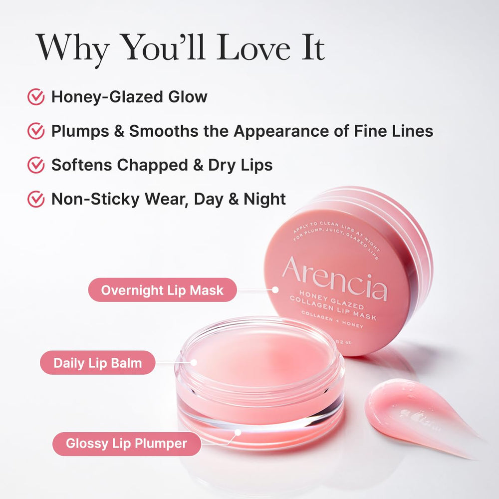 ARENCIA Honey Glazed Collagen Lip Mask resting on nightstand for a spa-like routine.