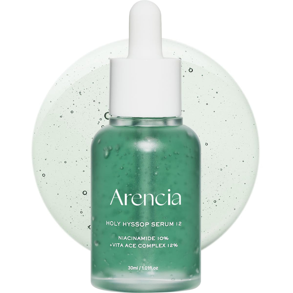 Arencia Hyssop Glow Serum bottle highlights hydrating serum for a dewy, radiant complexion.