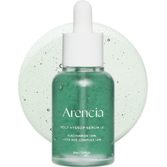 Arencia Hyssop Glow Serum bottle highlights hydrating serum for a dewy, radiant complexion.